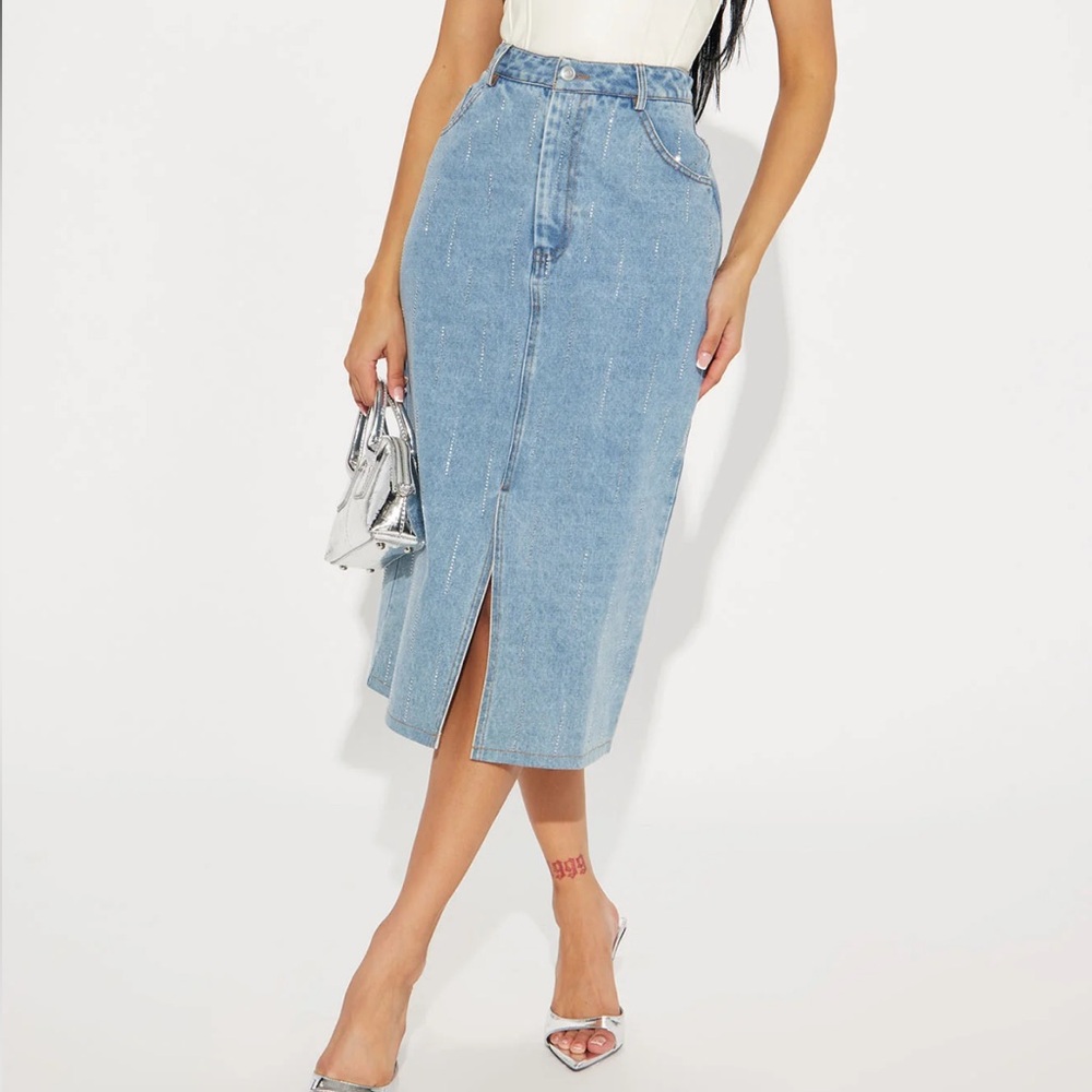 Embellished denim midi skirt